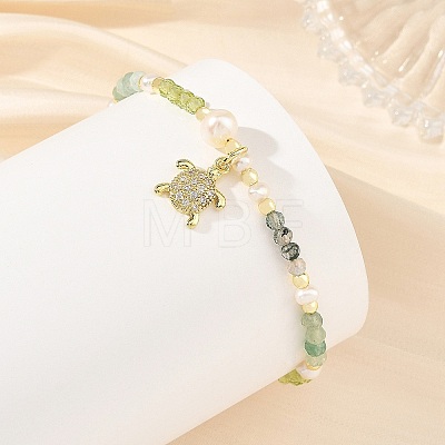 Gradient Natural Peridot & Moss Agate & Green Aventurine Faceted Round Beaded Necklaces with Natural Pearl BJEW-JB14399-01-1