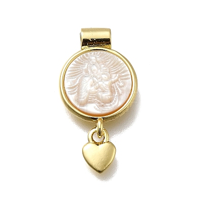 Brass Pave Natural White Shell Flat Round with Heart Pendants KK-C090-37G-07-1