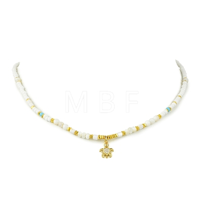 Ocean Brass Pave Clear Cubic Zirconia Sea Animals Pendant Natural Shell and Glass Seed Beaded Necklaces for Women NJEW-JN06345-02-1