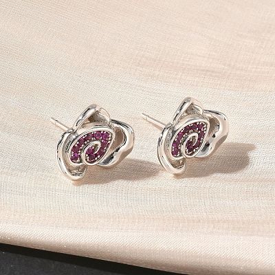 Rose Flower Brass Micro Pave Cubic Zirconia Stud Earrings EJEW-G452-08P-01-1
