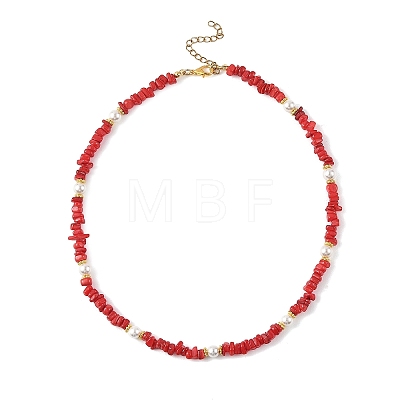 Dyed Natural Freshwater Shell Chip Beads & White Round Shell Pearl Beaded Necklaces NJEW-JN06402-1