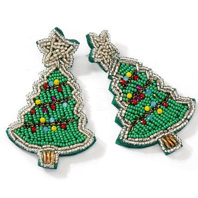 Christmas Tree with Star Handmade Glass Seed Beads Dangle Stud Earrings HU0349-1-1