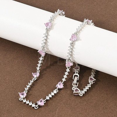 Brass Pave Pink Cubic Zirconia Heart Link Chain Necklaces KK-CBA4547-16A-P-1