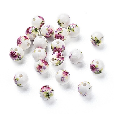 Floral Printed Porcelain Beads X-CFF042Y-1
