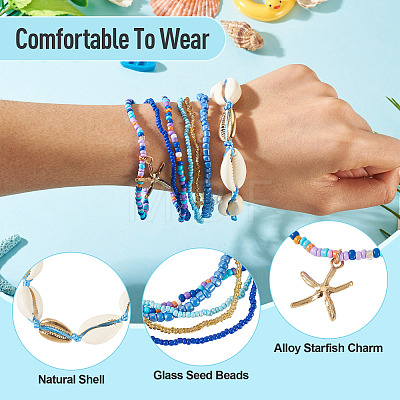 2 Bags Summer Beach Glass Seed Beaded & Natural Shell & Alloy Starfish Charm Anklet Sets AJEW-TA0003-69D-1