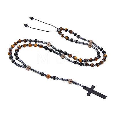 Natural Tiger Eye & Obsidian & Synthetic Hematite & Glass Round Rosary Bead Necklaces NJEW-DC00011-1