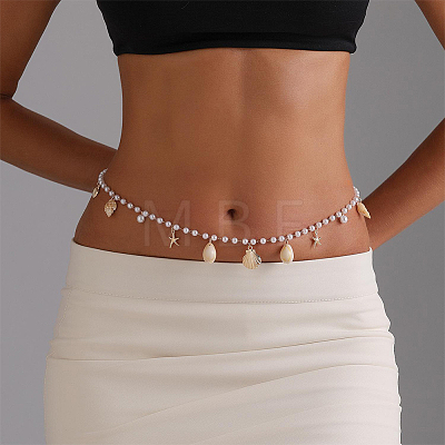 Natural Shell and Iron Starfish Tassel Imitation Pearl Link Chain Waist Chains for Women AJEW-CP0011-35B-1