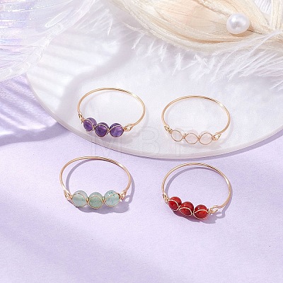 Copper Wire Wrapped Round Natural Amethyst & Rose Quartz & Green Aventurine & Carnelian Bead Rings for Women RJEW-JR00852-02-1