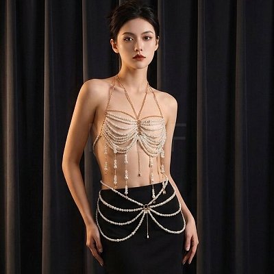 Alloy Heart Imitation Pearl Round Beaded Layered Tassel Body Chest Waist Chains WGA0E03-04-1
