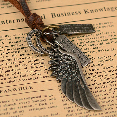 Adjustable Leather Cord Alloy Wing Pendant Necklaces For Men NJEW-k031-22-1