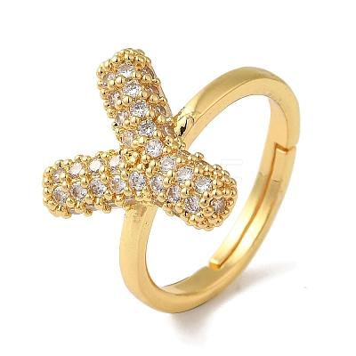 Rack Plating Letter Brass Micro Pave Clear Cubic Zirconia Adjustable Rings for Women KK-S391-03G-Y-1