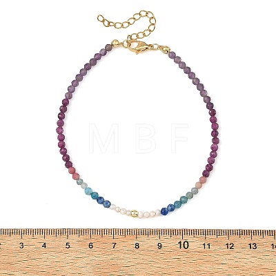 Natural Pearl Potato & Faceted Round Natural Ruby & Apatite & Kyanite & Rhodonite & Amethyst Beaded Anklets AJEW-AN00838-1