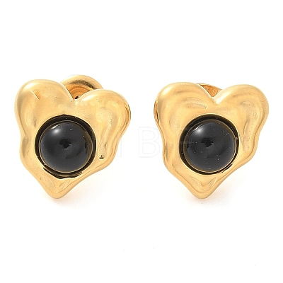 Natural Obsidian & Ion Plating(IP) 304 Stainless Steel Heart Stud Earrings EJEW-A118-04G-01-1