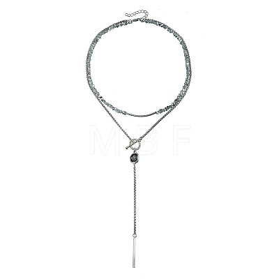 Alloy Glass Black Square Pendant Double Layer OT Lariat Necklaces with Plastic Beads for Women WG26488-01-1