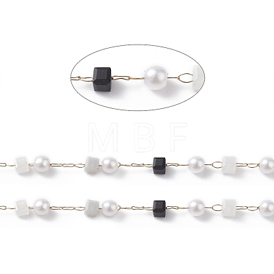Cube & Round Glass & ABS Imitation Pearl Beaded Chains CHS-P016-43G-04-1