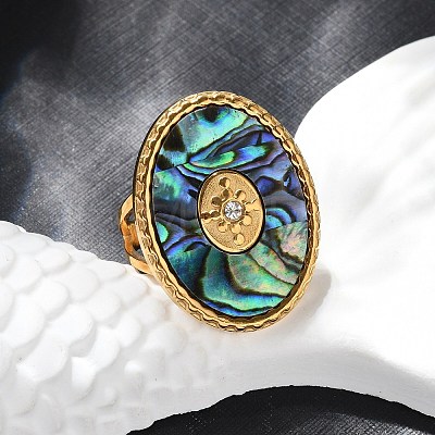 Oval 304 Stainless Steel & Paua Shell & Rhinestone Cuff Rings for Women RJEW-G346-06G-02-1