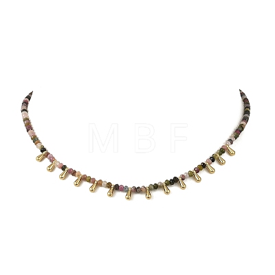 Natural Multicolor Tourmaline Faceted Rondelle Baded Necklaces with 201 Stainless Steel Teardrop Charms NJEW-JN06428-01-1