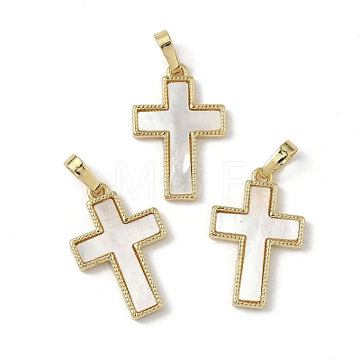 Brass Pave Natural White Shell Pendants KK-Z115-12G-1