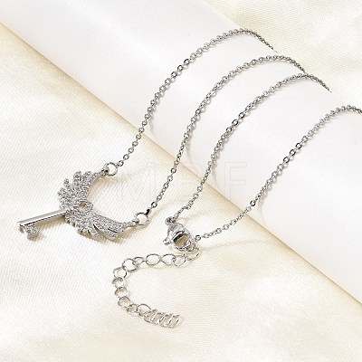 Brass Micro Pave Clear Cubic Zirconia Winged Key Pendant Necklaces CU-CBABA66-13P-1