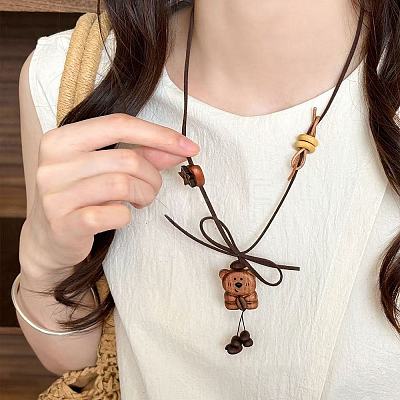 Coffee Bean & Wood Bear Pendant Adjustable Imitation Leather Cord Long Necklaces for Women WG79F39-01-1