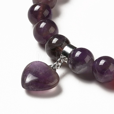Natural Amethyst & Mixed Gemstone Beaded Stretch Bracelet with Heart Charm for Women BJEW-K164-B24-1