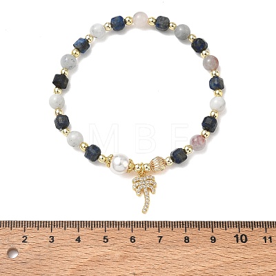 Brass Micro Pave Clear Cubic Zirconia Charm Natural Aquamarine Round and Faceted Cube Lapis Lazuli Beaded Stretch Bracelets for Women BJEW-JB14378-02-1