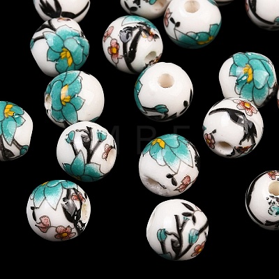 Floral Printed Porcelain Beads PORC-Q199-8mm-17-1