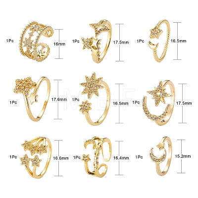 9Pcs 9 Style Adjustable Brass Micro Pave Clear Cubic Zirconia Cuff Rings RJEW-LS0001-18G-1