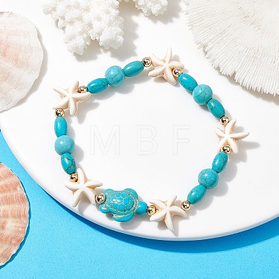 Turtle & Starfish Synthetic Turquoise Beaded Stretch Bracelet BJEW-JB09955-1
