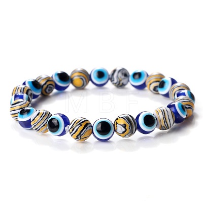 Synthetic Malachite & Evil Eye Round Beaded Stretch Bracelets for Men EH2427-7-1