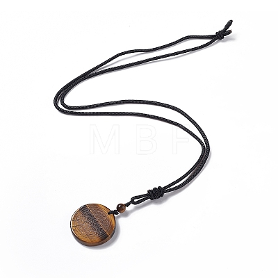 Natural Tiger Eye Flat Round with Flower of Life Pendant Necklace with Nylon Cord for Women NJEW-P274-02-01-1
