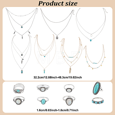 15Pcs 15 Style Oval & Teardrop & Feather Synthetic Turquoise Pendants Multi-layer Necklaces & Finger Rings SJEW-AN0001-43-1