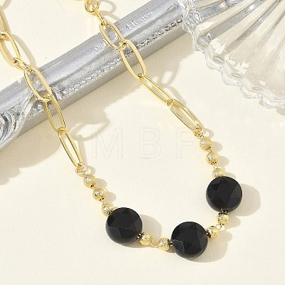 Natural Black Onyx(Dyed & Heated) Faceted Flat Round Beaded Brass Paperclip Chain Bracelets GG-CBA37F5-02G-12-1