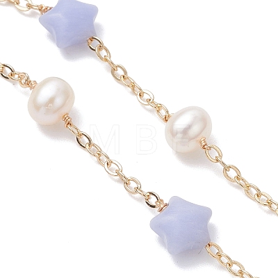 Natuarl & Synthetic Mixed Gemstone Star & Natural Freshwater Pearl Rice & Brass Link Chain Bracelet Making AJEW-JB01456-1