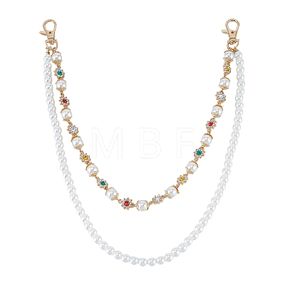 1Pc Imitation Pearl White Round Beaded and Alloy Colorful Rhinestone Flower Link Chain Belts for Pants HJEW-ME0001-23-1