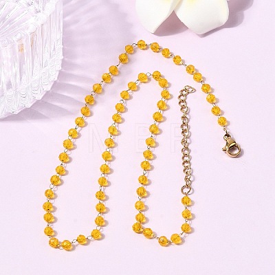 304 Stainless Steel with Glass Faceted Rondelle Bead Handmade Link Chain Birth Stone Necklaces for Women NJEW-G195-01G-01-1