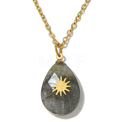 Natural Labradorite Faceted Teardrop Pendant 304 Stainless Steel Cable Chain Necklaces for Women WG4FB82-03-1