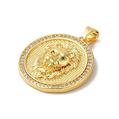 Flat Round with Lion Rack Plating Brass Micro Pave Clear Cubic Zirconia Pendants KK-K377-55G-1