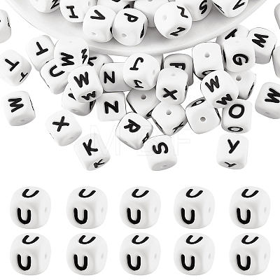 20Pcs White Cube Letter Silicone Beads 12x12x12mm Square Dice Alphabet Beads with 2mm Hole Spacer Loose Letter Beads for Bracelet Necklace Jewelry Making JX432U-1