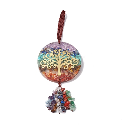 Flat Round Chakra Resin Gemstone Pendant Decorations HJEW-G017-01G-1