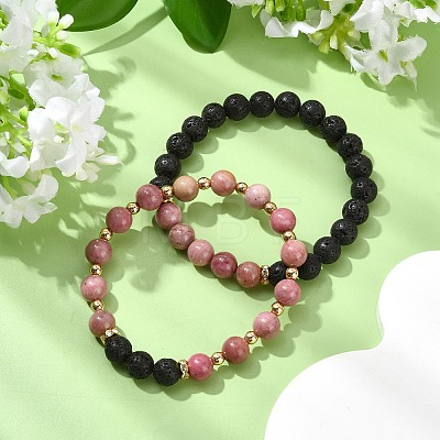 Adjustable Natural Rhodonite and Natural Lava Rock Stretch Bracelets BJEW-JB14150-01-1