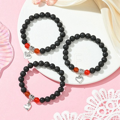 Natural Lava Rock Round & Carnelian Beads Stretch Bracelets for Women BJEW-JB11472-1
