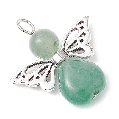 Natural Green Aventurine/Lapis Lazuli/Rose Quartz/Tiger Eye/Blue Spot Jasper/Synthetic Turquoise Heart Angel Pendants X-PALLOY-JF03186-01-1