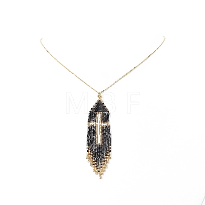 Glass Seed Beaded Cross Tassel Pendant Necklaces NJEW-MZ00011-01-1