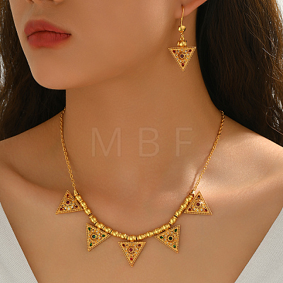 Vintage Brass Micro Pave Cubic Zirconia Triangle Pendant Necklace & Dangle Earring Set for Women SS2880-1
