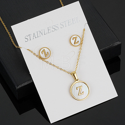 304 Stainless Steel with Natural Shell Pendant Necklaces & Stud Earrings Sets FS-WG5FD70-26-1