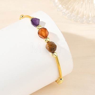 Natural Mixed Stone Star Cut Round and Brass Tube Beaded Bracelets for Women BJEW-JB14439-1