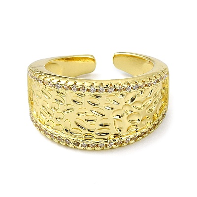 Textured Brass with Cubic Zirconia Open Cuff Ring RJEW-B051-16G-1