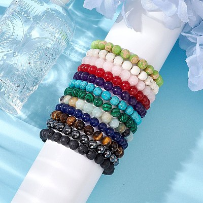 12Pcs 12 Styles 8mm Mixed Gemstone Round Beaded Stretch Bracelets Sets BJEW-JB10929-1