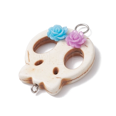 Halloween Skull Synthetic Turquoise Connector Charms with Flower Resin PALLOY-JF02780-1